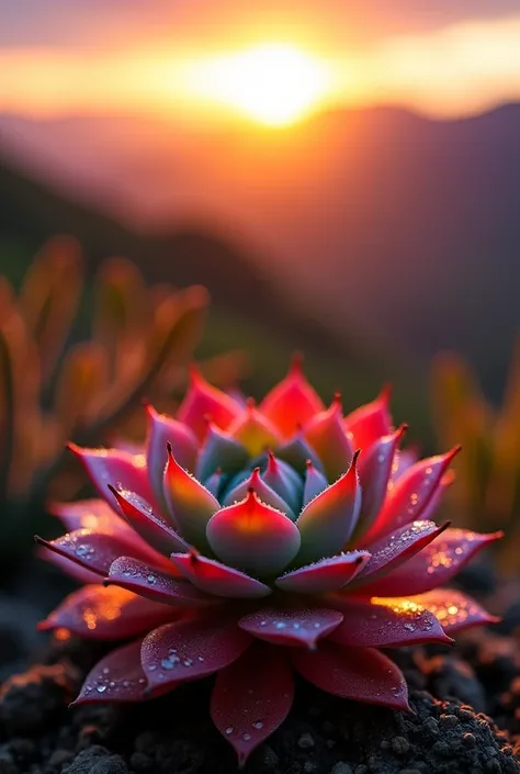 "Close-up of a vibrant La Colorata succulent plant, with dew drops reflecting sunlight. A scenic sunrise over the mountainous landscapes of Jalisco is blurred in the background, creating a serene and magical ambiance."

