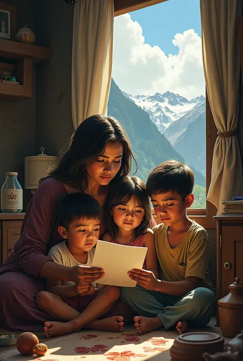 A family from La Serrania reading a letter with the emotion of longing for a fatherless family 