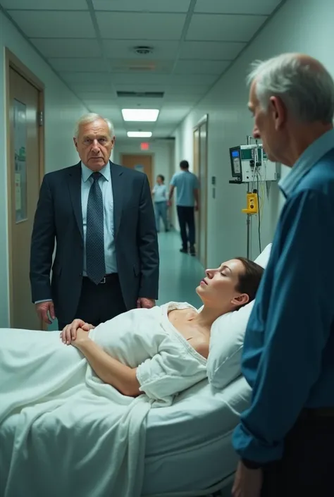 A hospital scene where Eva gives birth to the administrator I go old man waits anxiously outside