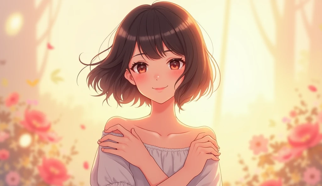 An image of 
A short-hair woman folding her arms with a smile. Main character 

 romance book cover style and background
Manhwa. Kawaii 