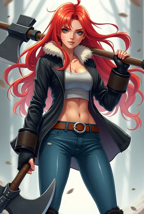 A woman with red and long hair .  She has blue eyes and a smile showing her teeth ,  she has a large two-handed axe and wears a black jacket with a white fuzzy part around her neck.  She wears jeans and also fluffy boots . anime