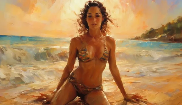 A beautiful woman with long brown hair, BROWN eyes, and tanned skin, lying on a sandy beach, sunbathing in a bikini, tropical beach scene, ocean waves in the background, golden sun rays, warm color tones, cinematic lighting, photorealistic, highly detailed...