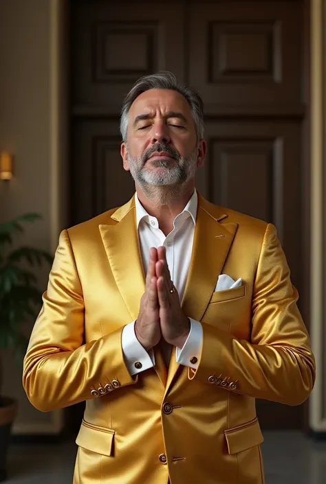 Create a millionaire man praying executive style with gold suit image in 16x9 format for YouTube video 