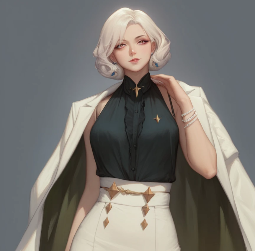  a close up of a woman wearing a white skirt and coat, Conceptual fashion art, dressed in long, flowing clothes , Made with Anime Painter Studio, digital art of an elegant,  full length portrait of a short girl !, , De Girls Frontline, detailed full body c...