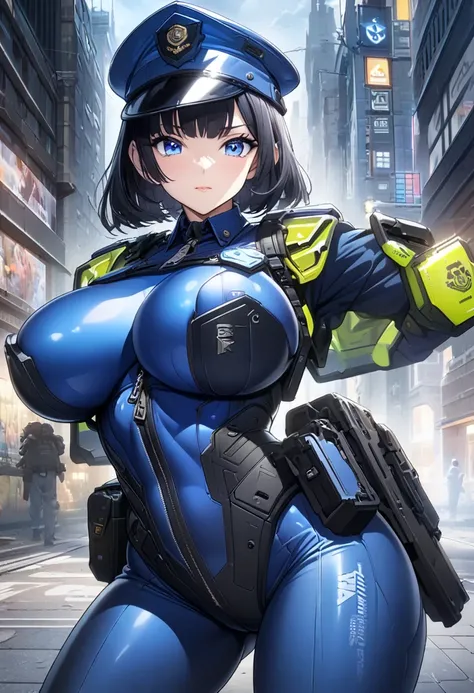 Masterpiece, detailed CG illustration,high res,Beautiful woman wearling gasmask,posing,(large breast:1.25),blue eyes,black bobcut hair,determaind,police cap,futuristic tight police costume,zipper,street,cowboy shot