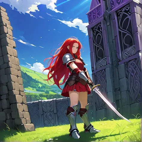 Masterpiece, HD, High Resolution, Best Quality, High Quality, High Details, Super Detailed. High fantasy genre, fantasy artwork. Solo character alone. “Warcraft styled aesthetic”.
{{(A 16-years-old scarlet-red-haired barbarian girl warrior:(appearance: fai...