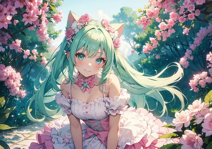 A beautiful girl with mint green hair adorned with pastel pink flowers, dressed in a white and pink cat costume with fluffy details. She beams a bright smile, her expressive eyes matching the provided image, against a glowing pastel garden background