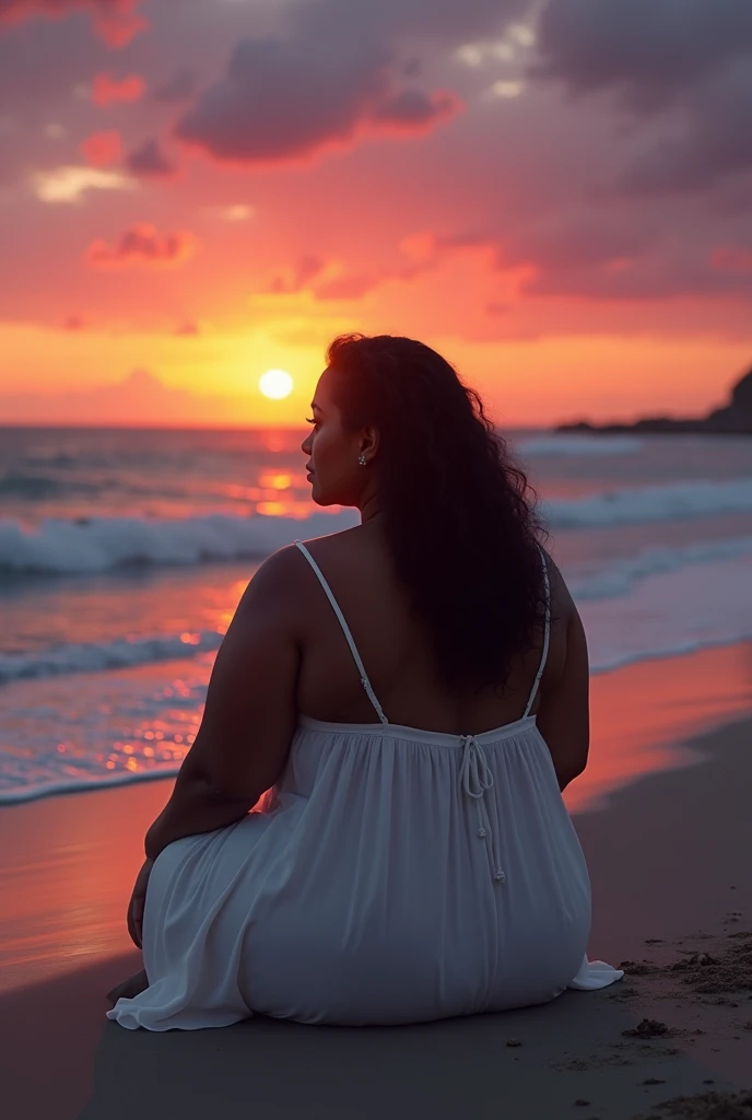 
image, overweight woman, Very brown woman sitting with her back on the beach , And a beautiful sunset .  She is wearing a white dress with thin straps and wavy hair up her back. Shes not pregnant , are overweight,  this darker image with her back to the c...