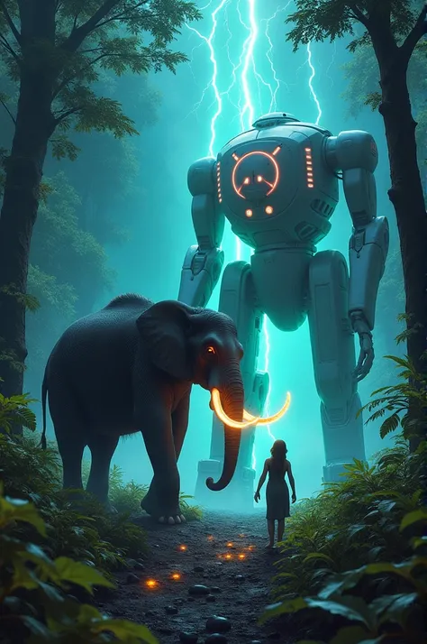 A lush rainforest with bioluminescent plants glowing in vibrant purples and greens surrounds a massive elephant. It steps forward to examine a towering robotic sentinel with glowing tusks, standing still like an ancient guardian. Lightning flickers in the ...