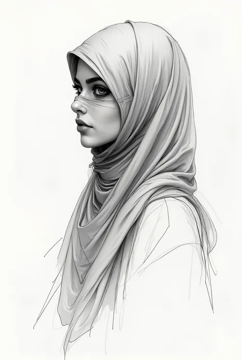 minimalist artwork blending real objects and jittery stroke hand sketches. the sketches is long loose hijab with niqab covering nose & mouth on white textured background. there is realistic beautiful stunning women eye with cat eyeliner; on the eye part of...