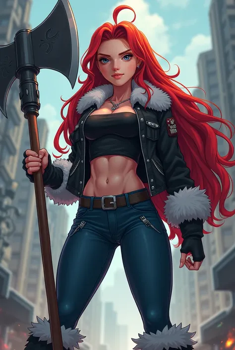 A woman with red and long hair .  She has blue eyes and a smile showing her teeth ,  she has a large two-handed axe and wears a black jacket with a white fuzzy part around her neck.  She wears jeans and also fluffy boots . anime. Muscle woman. Tall woman