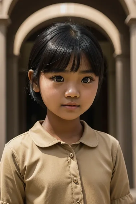 A picture of a girls face. Burmese girl. Specifically . 1 girl. round and black eyes. short hair with bangs for round faces. round shaped face. bow shaped lip. monoid eye. soft arch style of eyebrows. Burmese girls skin. detailed organs. showing irritable ...