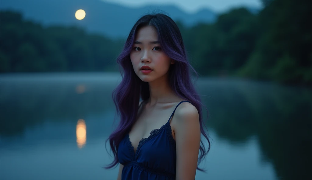 (Fashion portrait in color photograph, woman )Beautiful Asian 20 years old Woman, almond skin color,Hooded Eyes, thick eyebrow, purple color Beach Waves hairs,her name is Sonam Kapoor Bae Suzy, Standing in front of a lake in a deep forest at night ,A small...