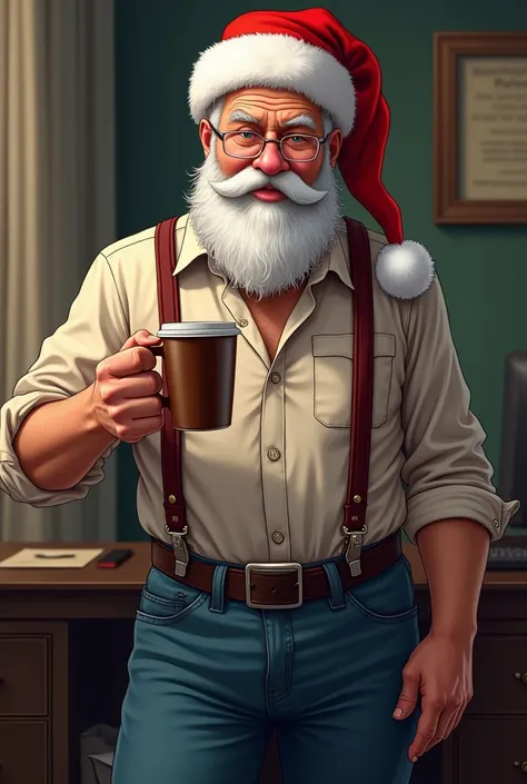 Illustration of  handsome burly hunk silver hair Santa Claus  aka Kris Kringle 68 years old   (Coffee break), (Henley), (jeans), suspenders [outside of clothes], office