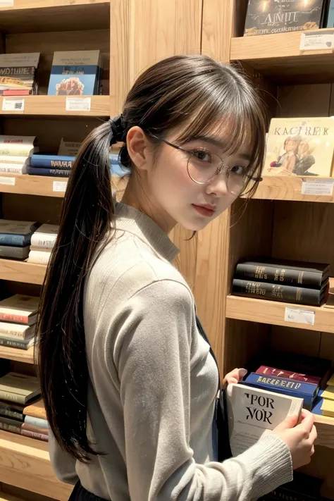 Black hair, ponytail, glasses, bookstore, clerk