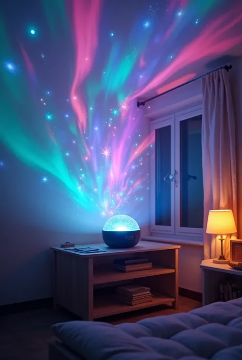 can you please generate a really great looking pic about an aurora Borealis Starry Sky Projector to be in a room and the projetor to sit on a table and with full of light with different colours in the rooms really magic great looking 