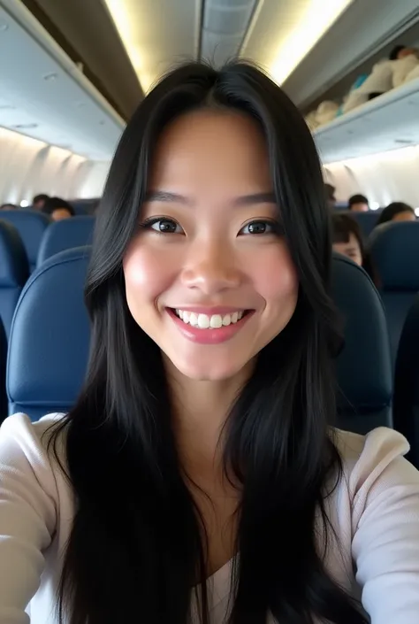  selfie of a woman with long and straight black hair in her 30s,  black eyes,Smiling fair skin, inside a passenger plane 