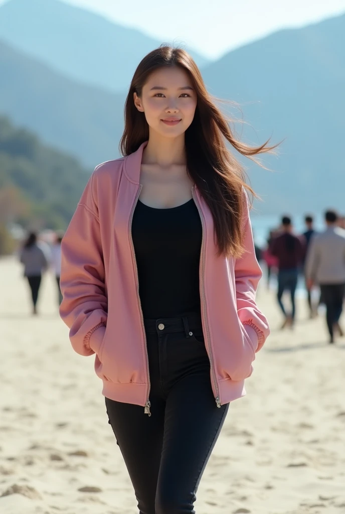 full body photography ,  A Korean woman is very beautiful, round face, fair skin, the body is quite fat, Long straight brown hair ,  wearing a black t-shirt ,  pink bomber jacket , black jeans, high heels. soft breeze.  walking gracefully on the sand again...