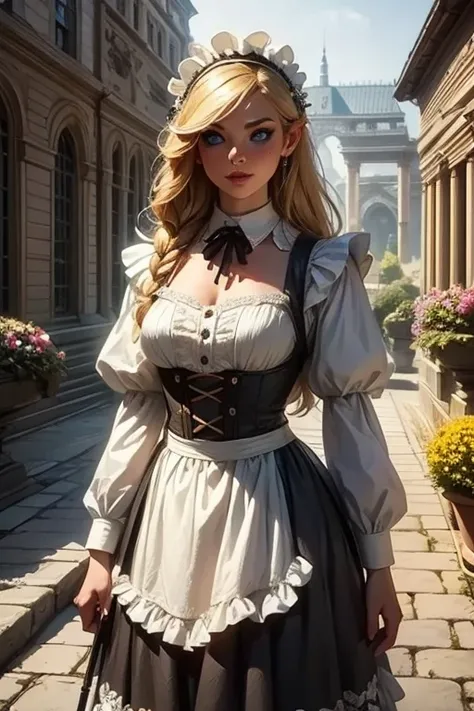 ((flower style)), (advntr), (1 ******), (((Alone))), (realistic:1.5),  light particles , rays of light, Victorian, ( best illustration), photorealistic, render octane, 8k, neon light, flying cars, detailed face,  detailed eyes, (( maid )),  maid  headband,...