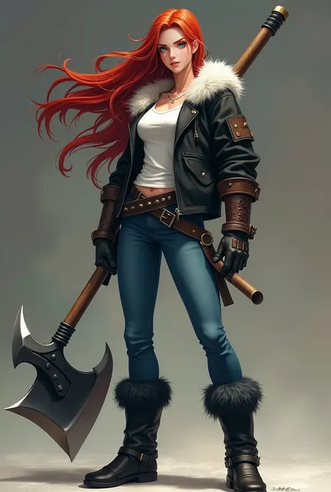 A woman with red and long hair .  She has blue eyes and a smile showing her teeth ,  she has a large two-handed axe and wears a black jacket with a white fuzzy part around her neck.  She wears jeans and also fluffy boots . anime. Muscle woman. Tall woman