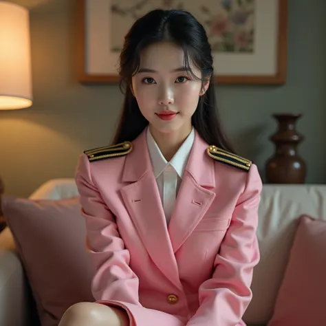 (Actual picture 1 .5), (( best quality )), ((masterpiece)), ( Detailed ) 1 woman(Im sitting on a sofa in a pink military uniform ,,22 years old,  Korean girl,무릅skirt, shoes( high heels) ,Attention, Immovable posture ,skirt, living room ( full body 1 .9), ,...