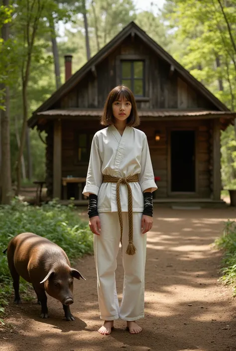 A realistic depiction of a  girl with straight brown hair standing in front of a rustic wooden cabin in a forest setting, captured from a distance to emphasize the overall environment. She is wearing a white training outfit with a martial arts vibe, a dist...