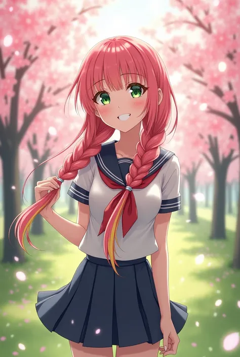 (masterpiece), school, 19 years old, cherry blossoms, outdoors, 1girl, serafuku, two braid hair, Pink and yellow hair color, green eyes color, smile, medium breasts, light particles, dappled sunlight