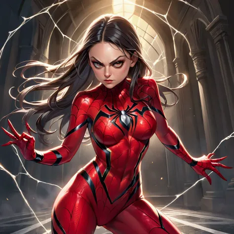 Actress Mila Kunis, (role of spider woman, age 25, sexy very revealing costume, amazing eyes), she is in an action pose and she cant quit groping women, awkward comedy
