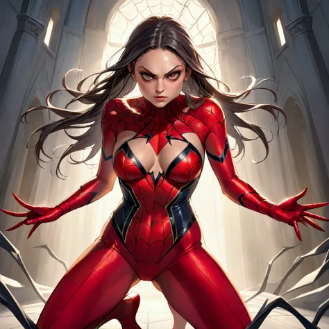 Actress Mila Kunis, (role of spider woman, age 25, sexy very revealing costume, amazing eyes), she is in an action pose and she cant quit groping women, awkward comedy
