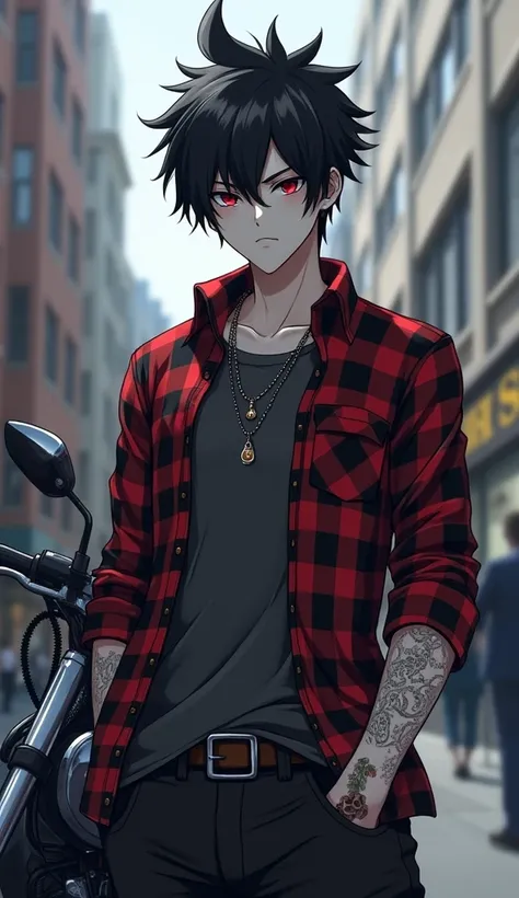 Boy,  black hair, red eyes, strong body,extremely pale skin, plaid patern shirt [[[ high quality ]]][[[tall details ]]] Ultra HD,  high resolution,  anime style , in the city, biker, motorcycle, spiky hair parted in the middle