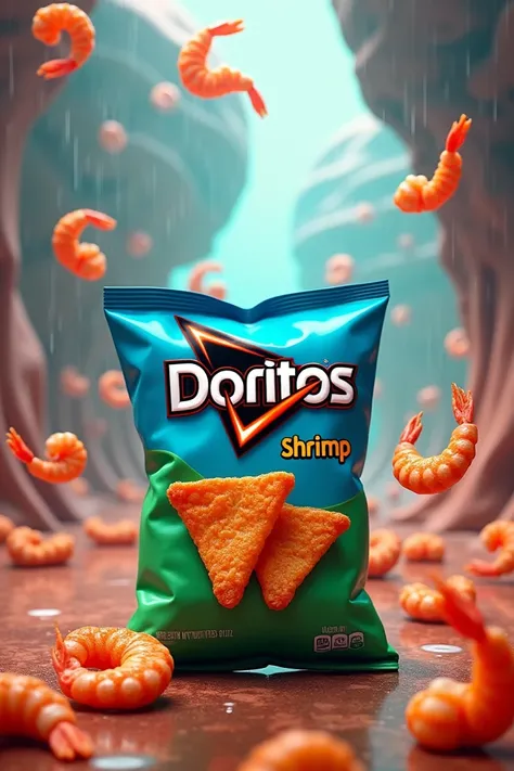 Shrimp-flavored blue and green bag of doritos with shrimp rain 