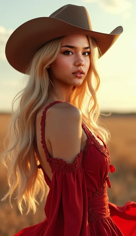 1 , foto de cowboy da linda Ada, looking at viewervestido vermelho,  blonde hair , Blush,  long hair,  volumetric lighting ,  best quality ,   masterpiece ,  intricate details , tonemapping, sharp focus, hyper detailed,  trending on ArtStation, Ada, realis...