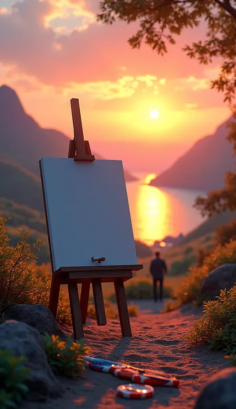 A blank canvas in front of a landscape illuminated by a sunrise, with brushes and vibrant colors scattered, and a figure in the background beginning to paint. realistic style