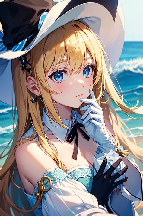 A beautiful anime girl with long blonde hair and blue eyes, wearing an elegant white hat adorned with a delicate ribbon, holds her hand to the side of her face as if in contemplation or thought. She is dressed casually but elegantly, possibly for summer we...