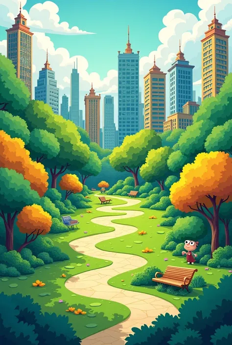 Cartoon image of a green park in the city 