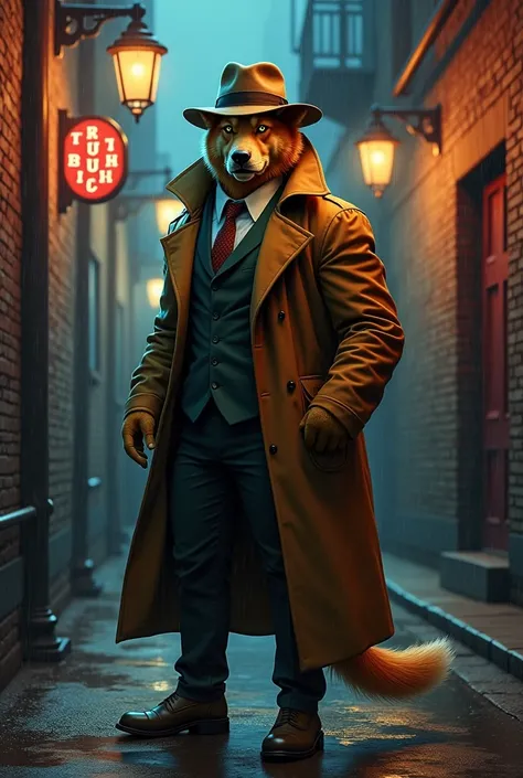 A golden dog whit man body in a detective outfit 