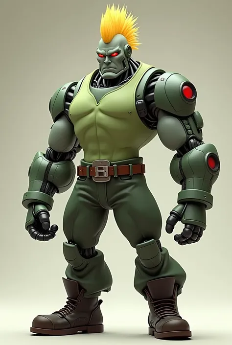 A humanoid robot with bulging muscles with a blonde mohawk hairstyle and red eyes wearing a light green tank top, leather belt, dark green pants, dark brown boots and green gloves in pixar style 