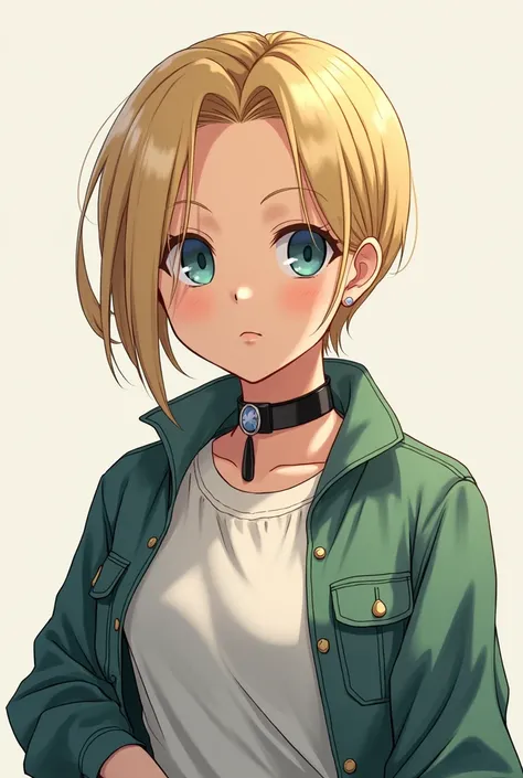 " Generates a realistic image of Android Number 18, with her characteristic short blond hair , posing casually."