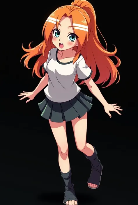 (photonaruto:2.3) Female Character from Naruto, Age: .  with a full body. Designed with the features of the anime Naruto . Height: 1,60 m,  Weight: 50 kg, hair:  fire-colored orange plates with two white wicks highlighted on the front. loose hair. Light bl...