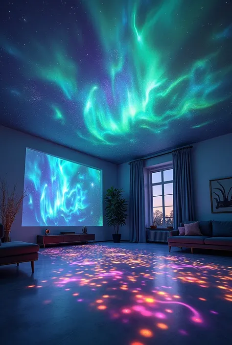 can you please generate a really great looking pic about an aurora Borealis Starry Projector to be in a room and with full of light with rainbow colors in the rooms great looking rainbow 