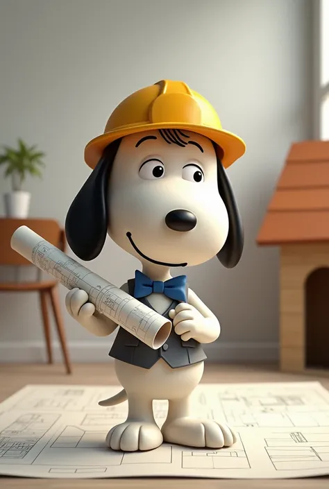 The little dog Snoopy dressed as an architect holding an architectural plan 