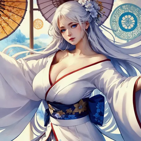 A anima woman ghost who have big breast long white hair blue eyes and she have white kimono