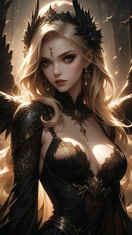 A woman in a dark fantasy outfit, highlighted by an intricately designed, luxurious owl-themed headdress. The owl wings spread out on both sides, evoking a sense of mystery. She is dressed in an elegant black lace outfit that exudes sophistication and allu...