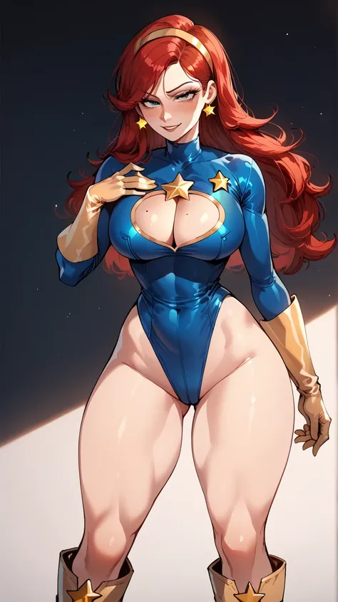 (((masterpiece))), (((Best Quality: 1.5))), Sexy, Superheroine, Red hair, long hair, busty, curvy, ((blue highleg leotard with a t-back thong, cleavage cutout and a gold star insignia on chest)), gold boots, gold gloves, gold headband, seductive, pixar-sty...