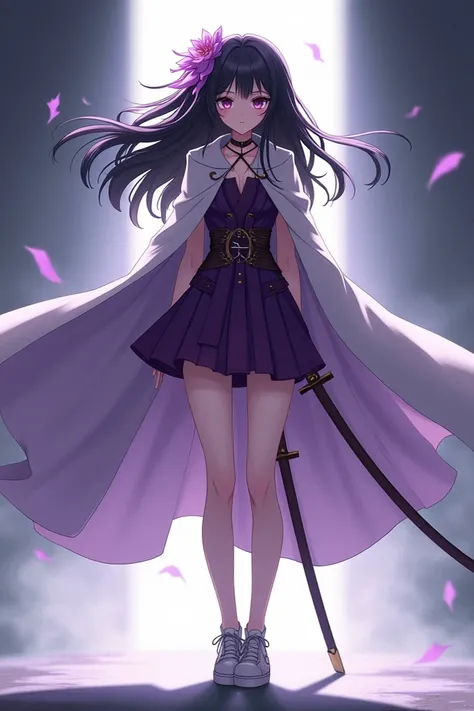  A young anime girl with black hair with a ribbon of a flower with brown-purple eyes , una mirada sería and fria Con una vestimenta de cazador de demonios de color morado con café and una capa blanca, and. Una katana japonesa de color café and Blanca Con u...