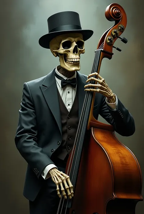 Skull in a suit and hat playing double bass
