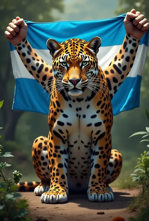 That the jaguar has an Argentinian flag in its hand