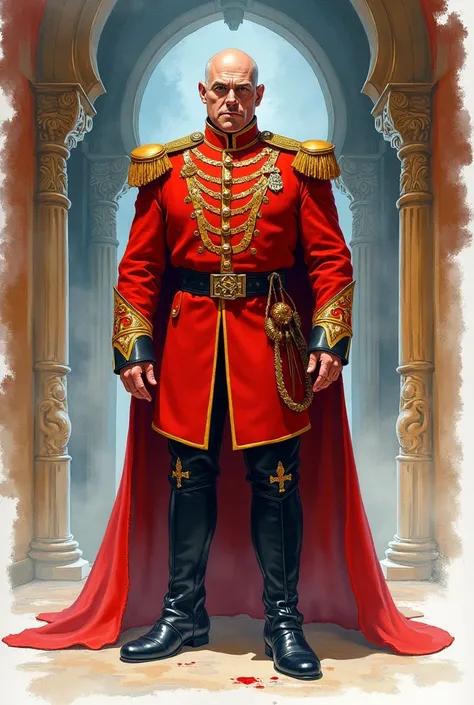  A watercolor depicting a guard wearing a red uniform, He has big boots ,  he doesnt look nice . Style fantasy