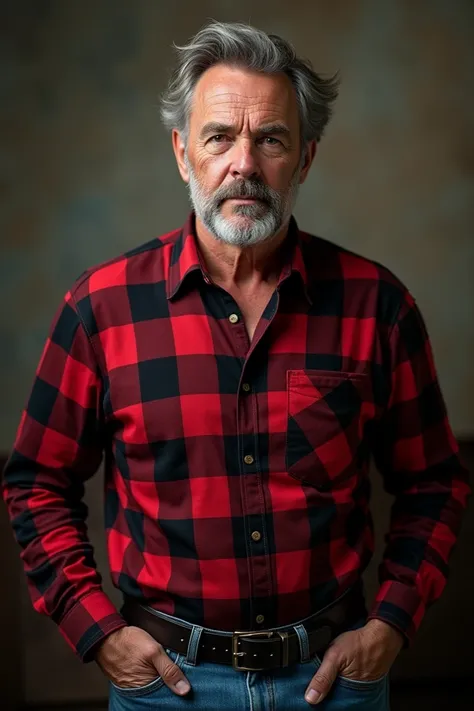 Sexy handsome 65-year-old mature man with red and black plaid shirt and blue jean pants 