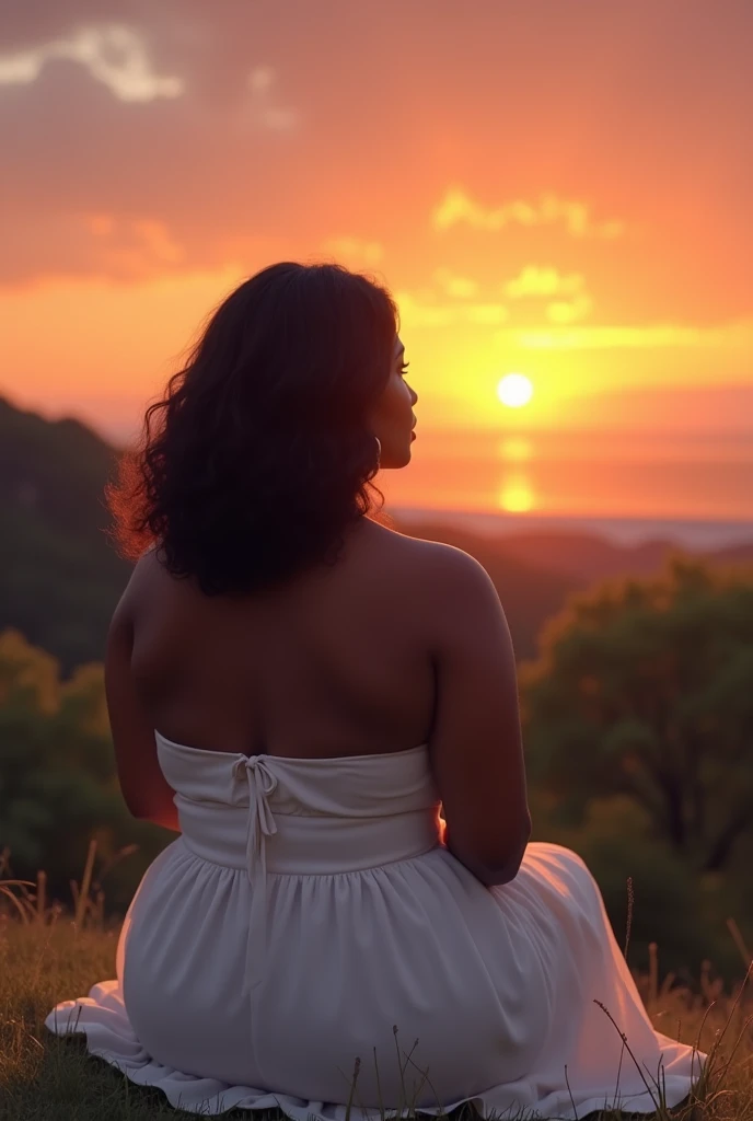 black girl, overweight,  wavy hair up to your shoulders,  sitting looking at the beautiful sunset from her back , Wearing a gorgeous white strapless dress, With your back to the photo looking at the sun,